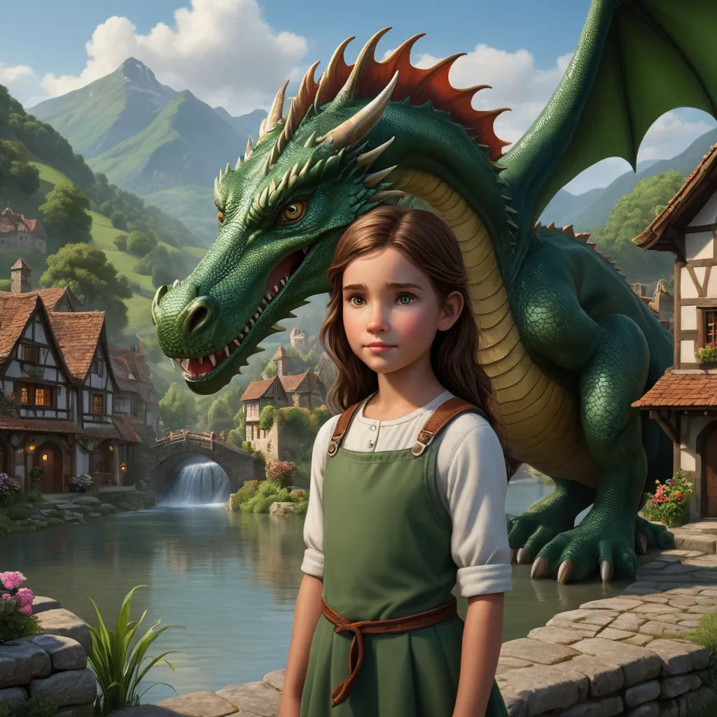 a girl standing next to a green dragon statue in a village by a river with a waterfall and a bridge, fantasy art, a storybook illustration, Clint Cearley, promotional image