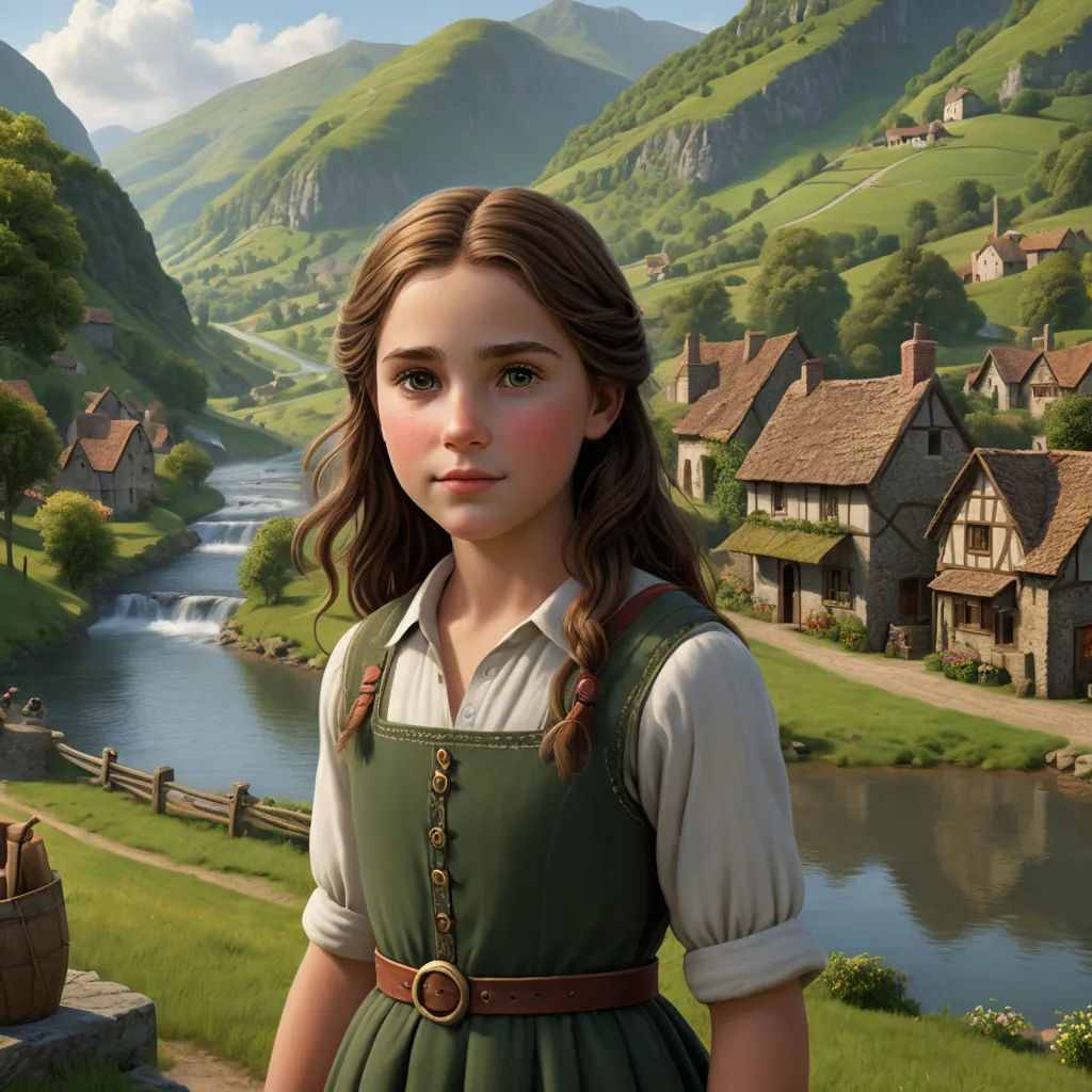a painting of a girl in a green dress standing in front of a village and a river with a bridge, photorealism, a detailed matte painting, Dorothy Coke, cgstudio