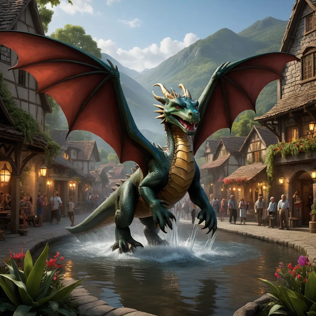 a dragon is standing in a fountain in a town square with people walking around it and a mountain in the background, fantasy art, concept art, Clint Cearley, dragon art