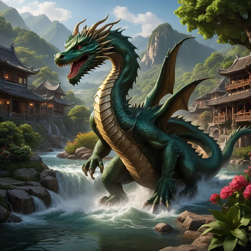 a dragon is standing in the water near a waterfall and a building with a waterfall in the background and a mountain in the background, fantasy art, concept art, Clint Cearley, dragon art