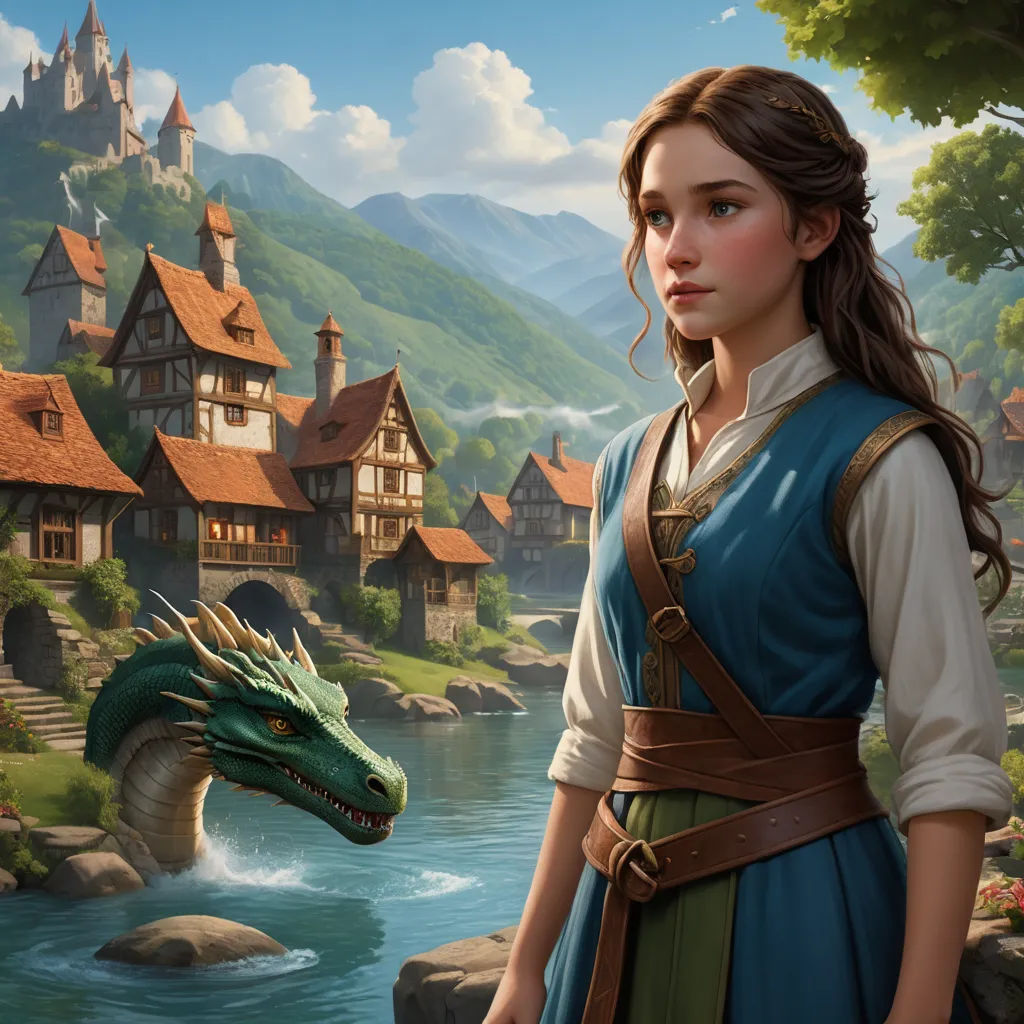 a woman in a blue dress standing next to a dragon in a river with a castle in the background, fantasy art, a storybook illustration, Clint Cearley, epic fantasy character art