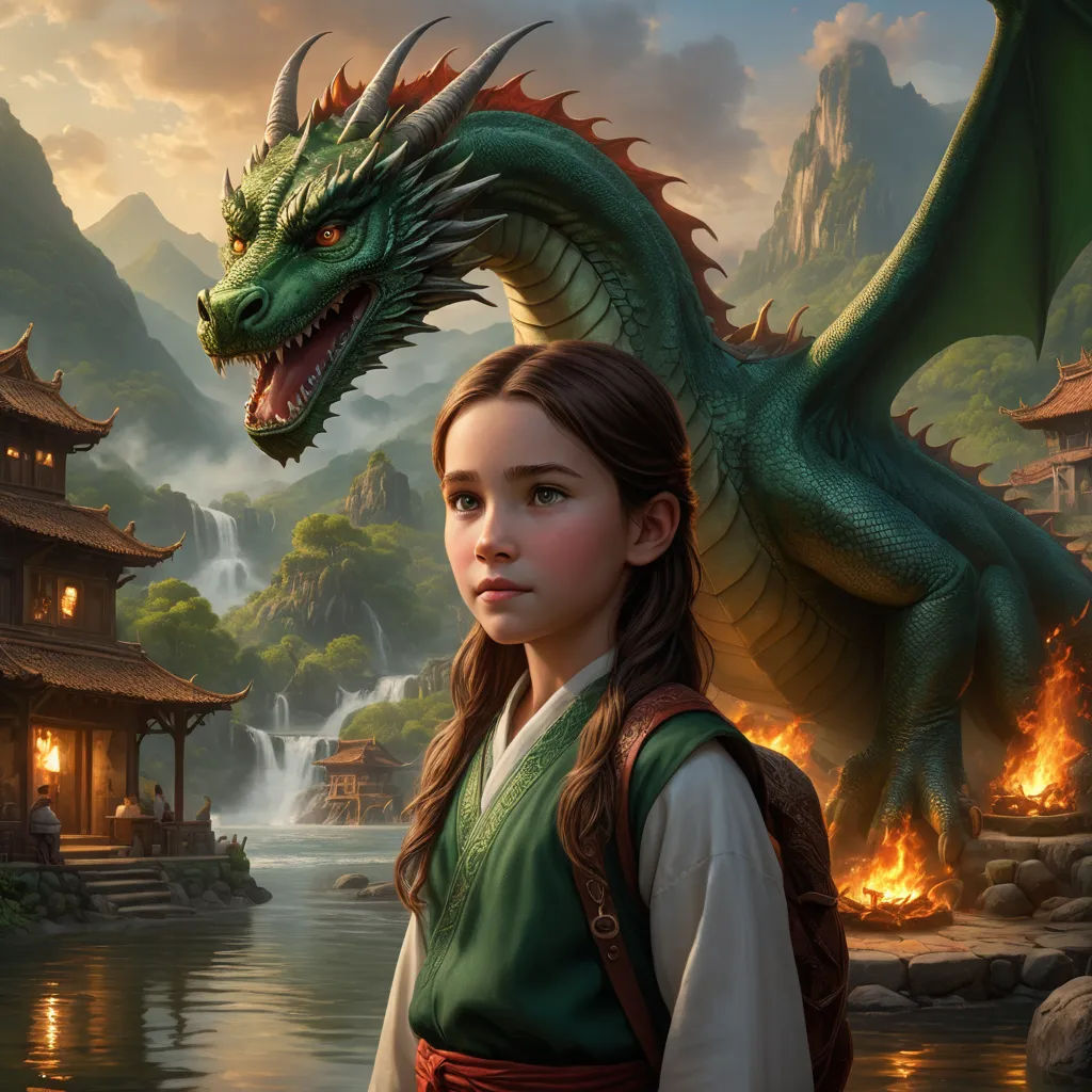 a girl in a green dress standing next to a dragon and a building with a waterfall in the background, fantasy art, a detailed matte painting, Clint Cearley, rossdraws global illumination