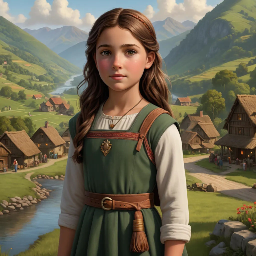 a painting of a girl in a green dress standing in front of a village with a river and mountains, fantasy art, a detailed matte painting, Clint Cearley, epic fantasy character art