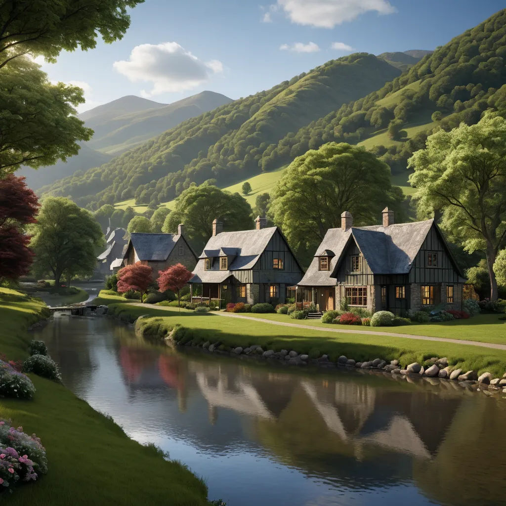 a painting of a river running through a lush green countryside with houses on the side of it and a mountain in the background, photorealism, a digital rendering, Evgeny Lushpin, unreal render