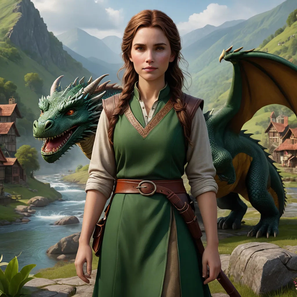 a woman in a green dress standing next to a dragon and a river in a mountainous area with houses, fantasy art, computer graphics, Ada Gladys Killins, promotional image