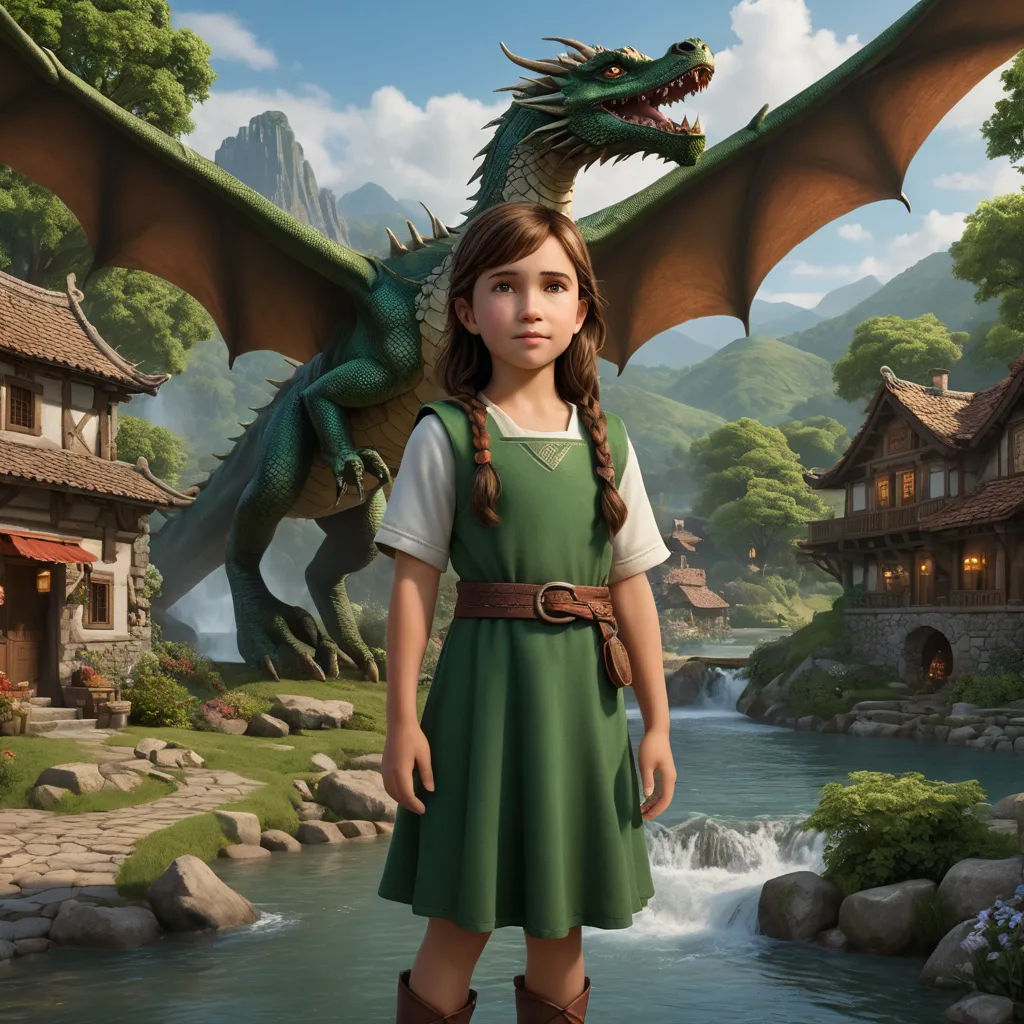 a girl in a green dress standing next to a dragon in a village with a stream and a waterfall, photorealism, a detailed matte painting, Cliff Childs, promotional image