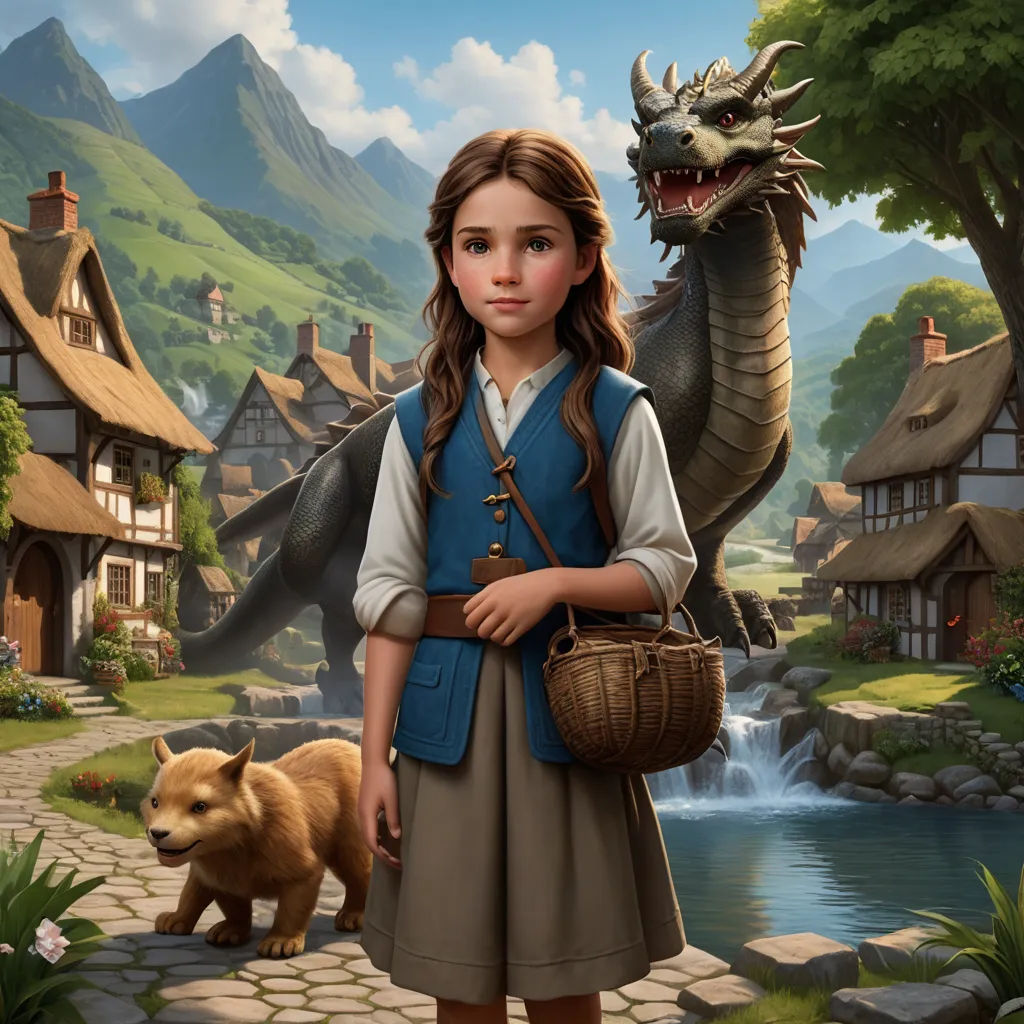a girl in a dress and a dragon in a village with a river and a house and a dog, fantasy art, a storybook illustration, Bob Byerley, promotional image
