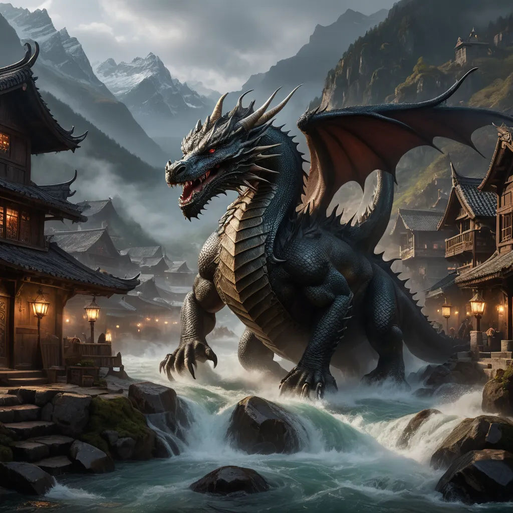 a dragon is standing in the water near a building and a mountain range with a river running through it, fantasy art, a detailed matte painting, Clint Cearley, dragon art
