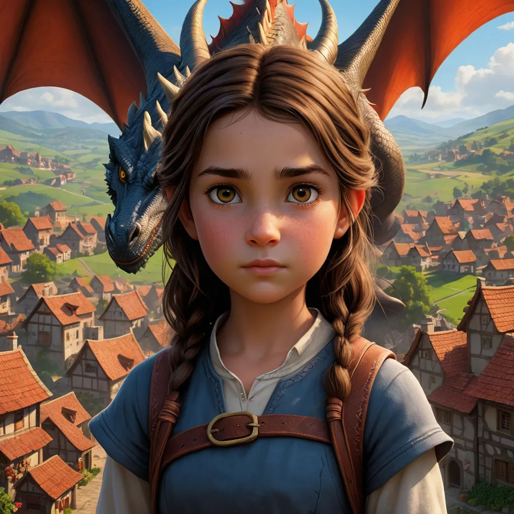 a young girl with a dragon head and braids stands in front of a village with houses and hills, photorealism, concept art, Cedric Peyravernay, unreal engine 5 highly rendered