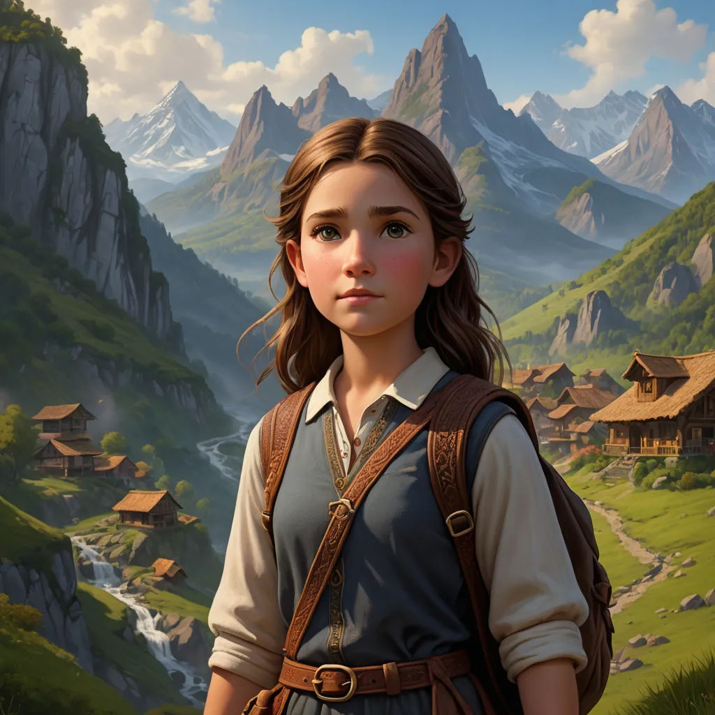 a painting of a girl in a mountain village with a mountain background and a stream running through the valley, fantasy art, a detailed matte painting, Clint Cearley, 2 d game art