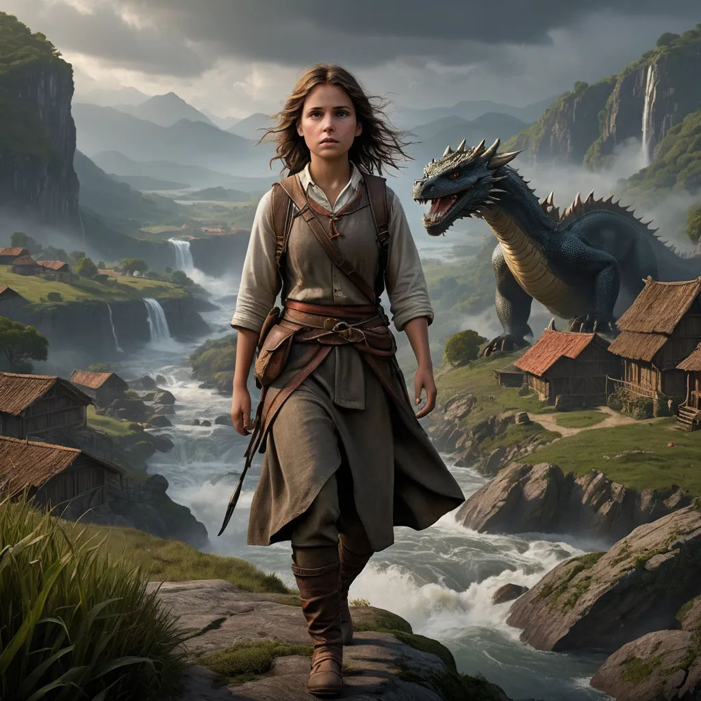 a woman in a brown dress walking next to a dragon on a mountain side with a river and houses, fantasy art, a detailed matte painting, Avgust Černigoj, key art