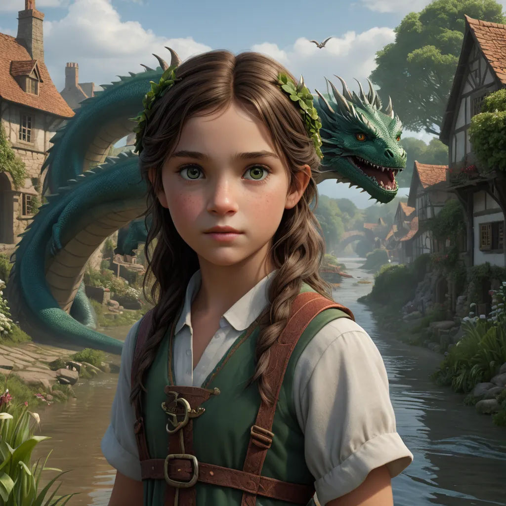 a girl with a dragon headband standing next to a river and a house with a dragon on it, fantasy art, a storybook illustration, Clint Cearley, trending on artstation hq