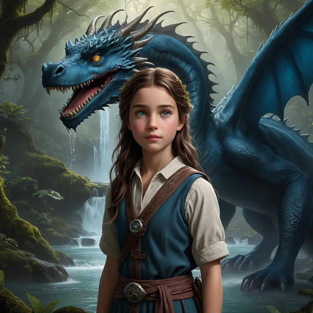 a young girl standing next to a dragon in a forest with a waterfall in the background and a waterfall in the foreground, fantasy art, an airbrush painting, Clint Cearley, promotional image