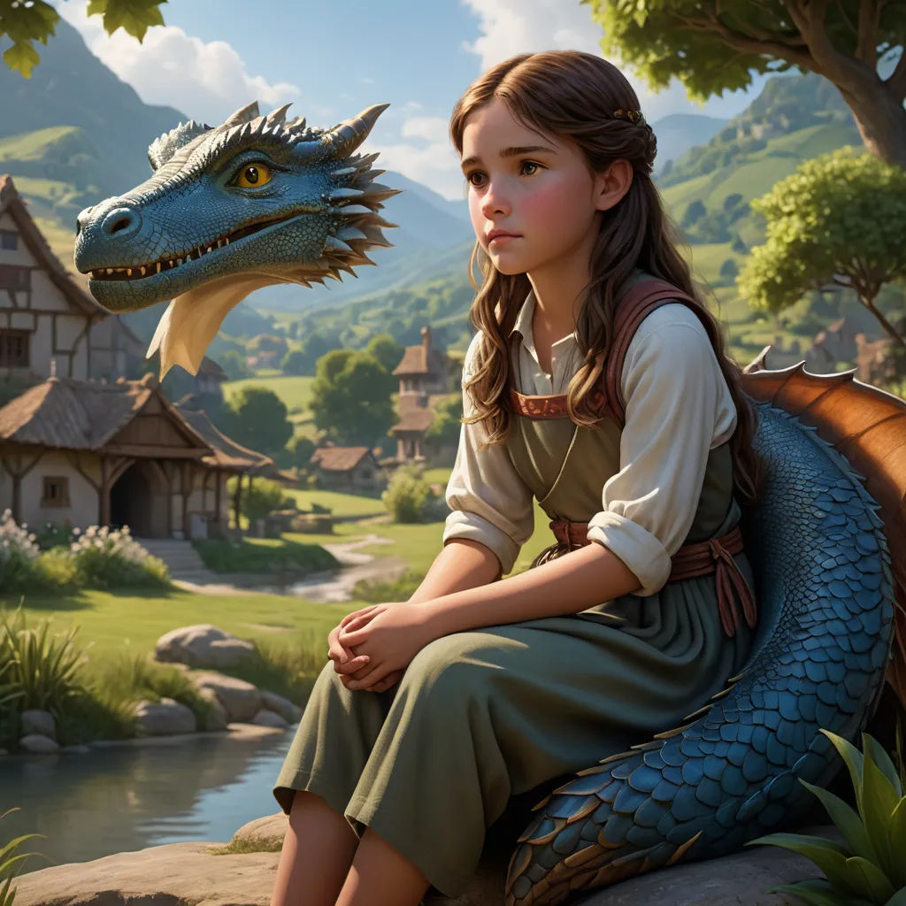a girl sitting on a rock next to a dragon and a river in a forest with houses and mountains, fantasy art, a detailed matte painting, Clint Cearley, unreal engine 5 highly rendered