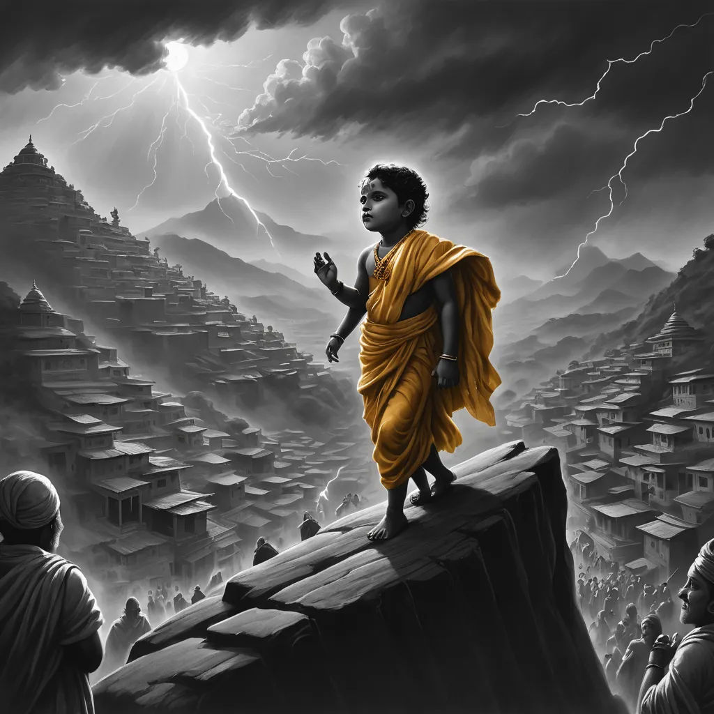 a man standing on a cliff with a lightning in the background and a city in the background with buildings, analytical art, a detailed matte painting, Christophe Vacher, highly detailed digital painting