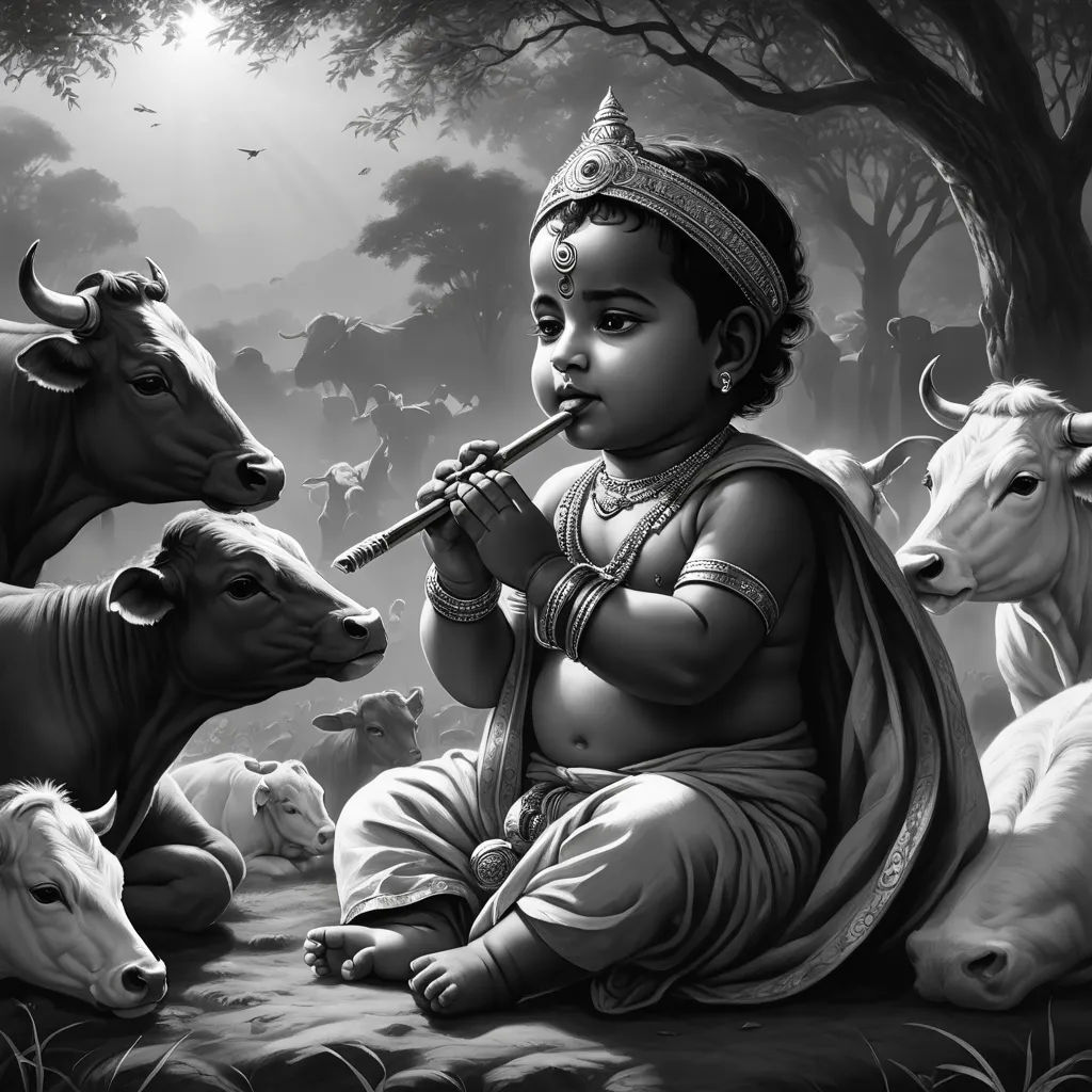 a painting of a woman playing a flute in front of cows in a forest with trees and birds in the background, samikshavad, an ultrafine detailed painting, Ella Guru, classical painting