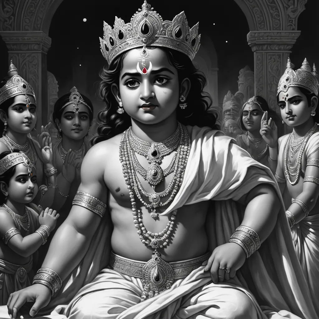 a painting of a man with a crown on his head and other people around him, all dressed in white, samikshavad, an ultrafine detailed painting, Bholekar Srihari, highly detailed digital painting