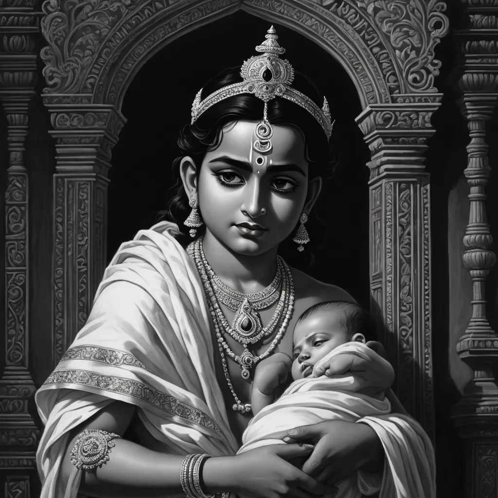a woman holding a baby in her arms in a black and white photo with a statue behind her and a doorway behind her, samikshavad, an ultrafine detailed painting, Bholekar Srihari, classical painting