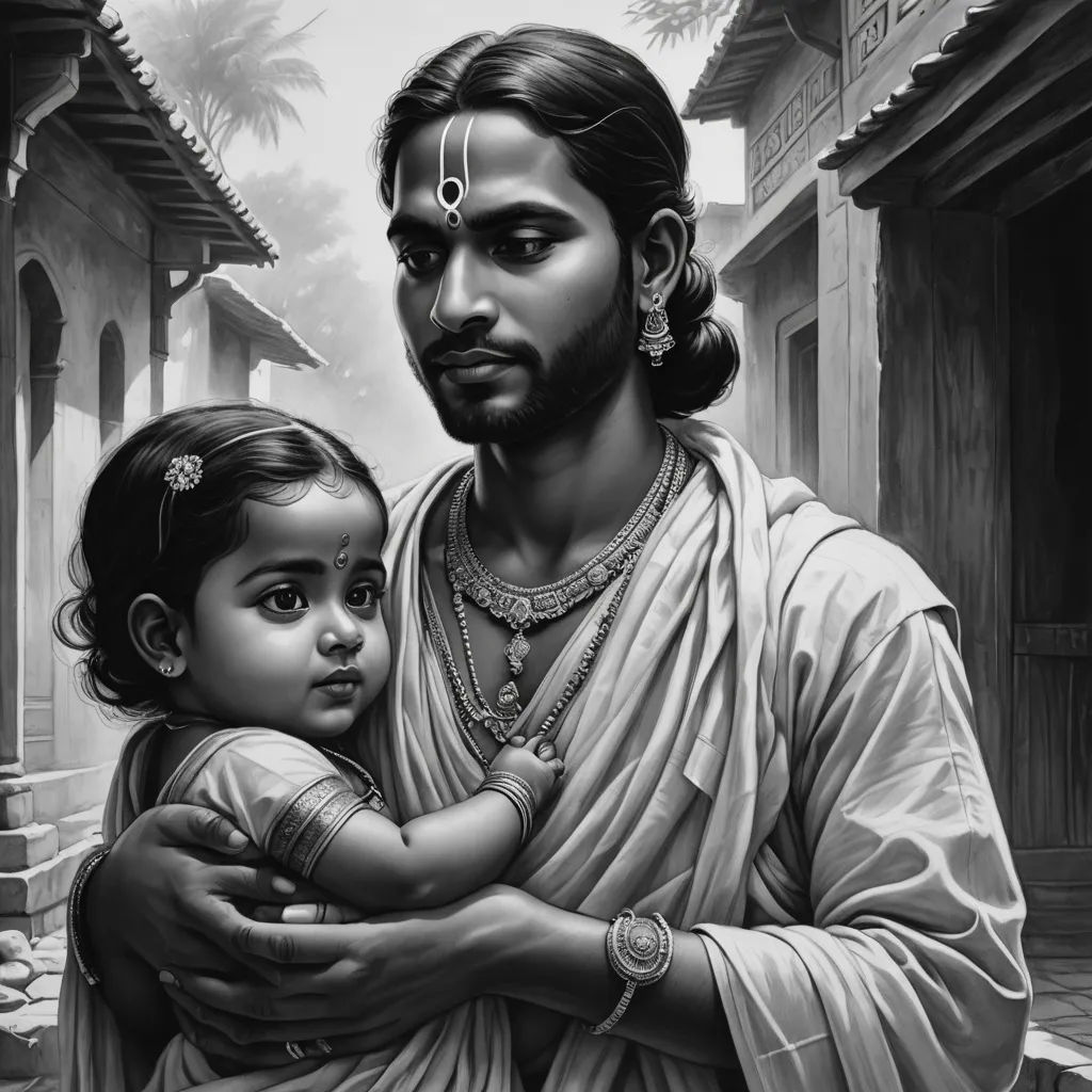 a man holding a child in his arms in front of a building with palm trees and a sky background, samikshavad, an ultrafine detailed painting, Bholekar Srihari, highly detailed digital painting