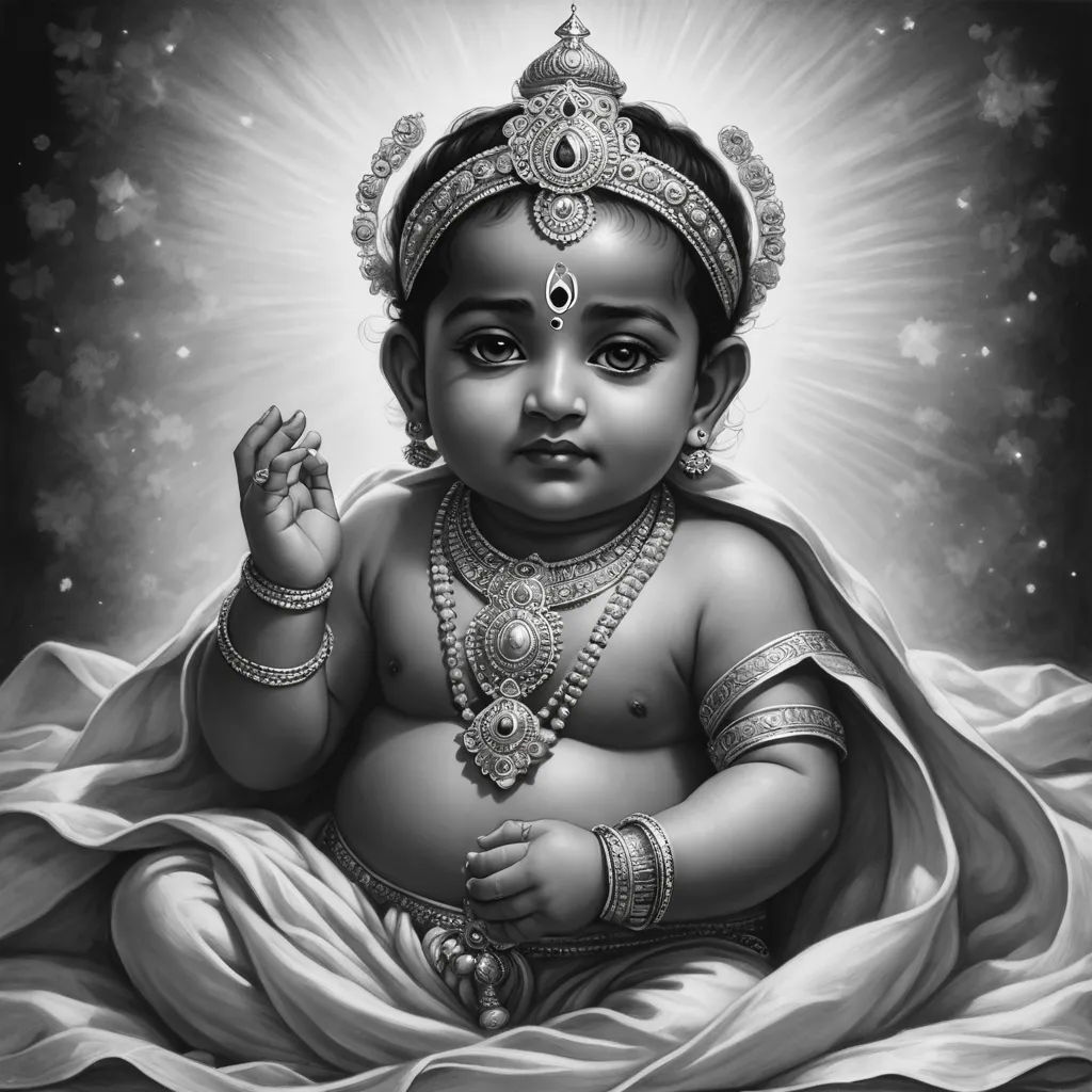 a baby sitting on a blanket with a halo around it's head and hands in the air, with a halo around its head, samikshavad, an ultrafine detailed painting, Bholekar Srihari, jayison devadas
