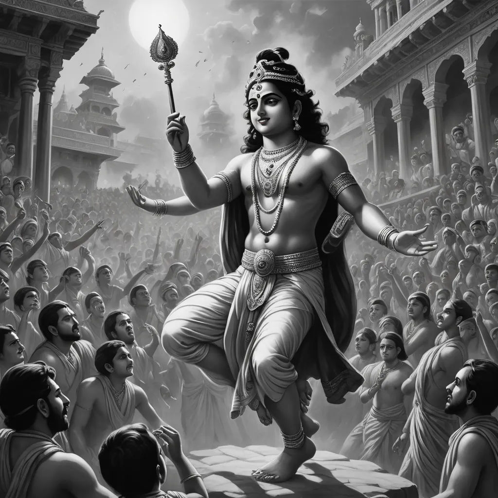 a painting of a man holding a stick in front of a crowd of people in india, with a man in the middle of the picture, samikshavad, an ultrafine detailed painting, Bholekar Srihari, promotional image