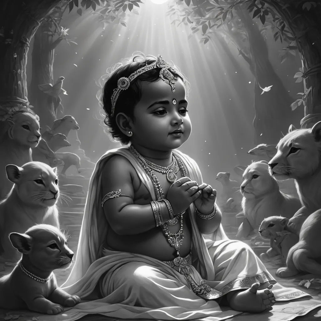 a baby sitting in a forest surrounded by cats and a light shining down on her face and hands, with a halo above her head, samikshavad, an ultrafine detailed painting, Bholekar Srihari, cgstudio