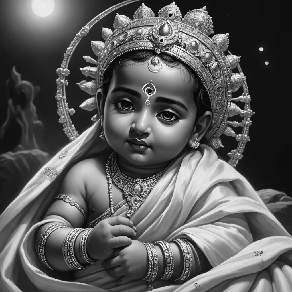 a baby in a white outfit with a tiara on her head and a moon in the background, with a black background, samikshavad, an ultrafine detailed painting, Bholekar Srihari, highly detailed digital painting