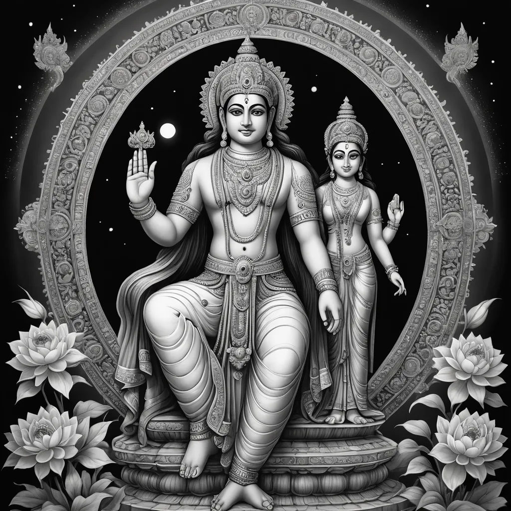 a drawing of a hindu god and a woman sitting in a circle with flowers around it, with a black background, samikshavad, a black and white photo, Bholekar Srihari, jayison devadas