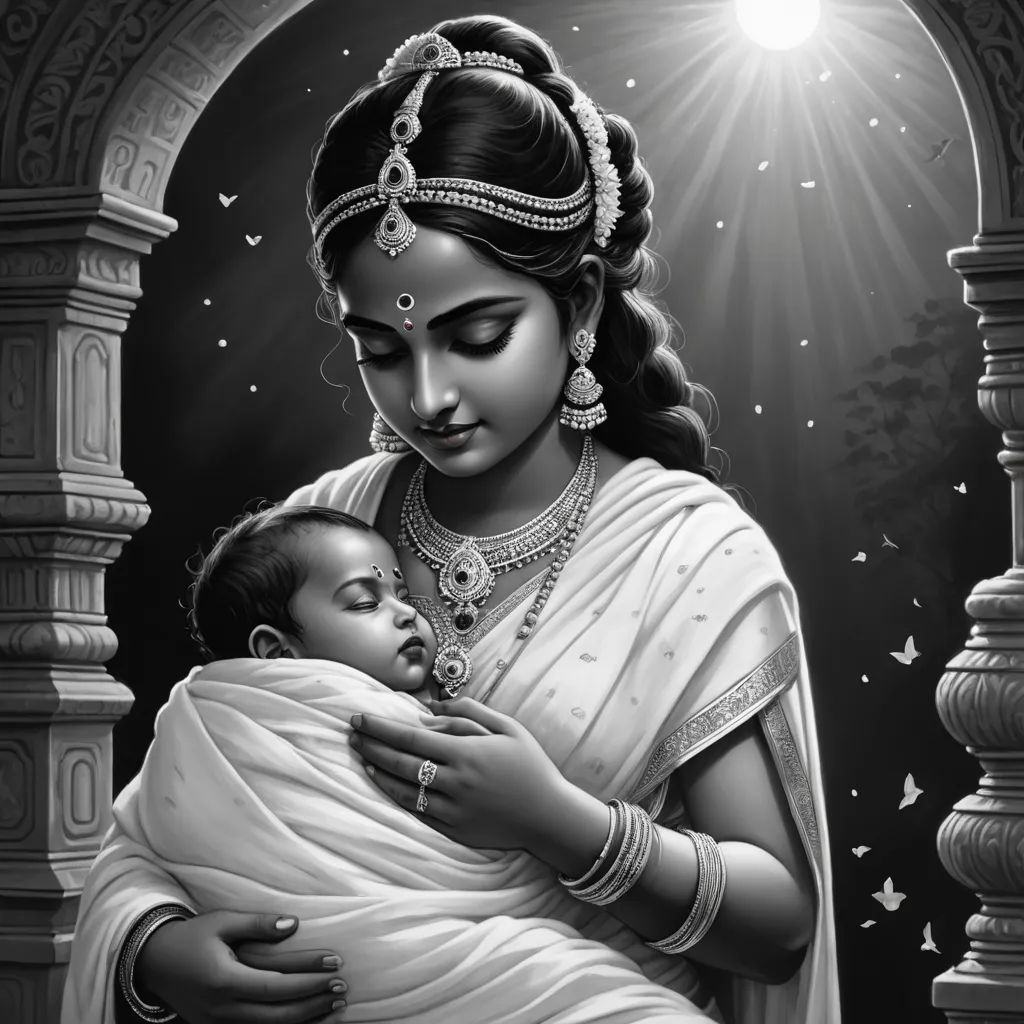 a woman holding a baby in her arms in a black and white photo with a light shining on her, samikshavad, an ultrafine detailed painting, Ella Guru, classical painting