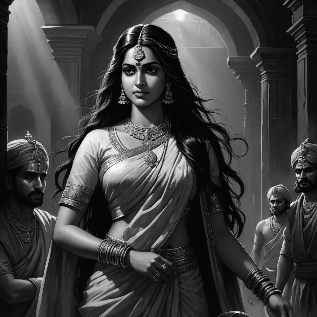 a woman in a sari standing next to other people in a temple with a sword and a sword, fantasy art, a detailed painting, Chris Rallis, official art