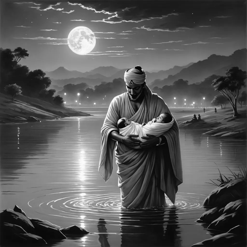 a man holding a baby in his arms in the water at night with a full moon in the background, magical realism, an ultrafine detailed painting, Bapu, art noveau