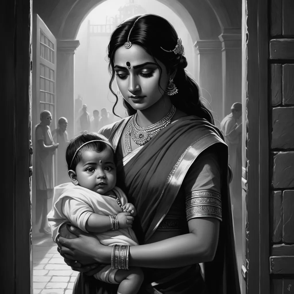 a woman holding a baby in her arms in a doorway with a doorway leading into a building with people, fantasy art, a storybook illustration, Donato Giancola, classical painting