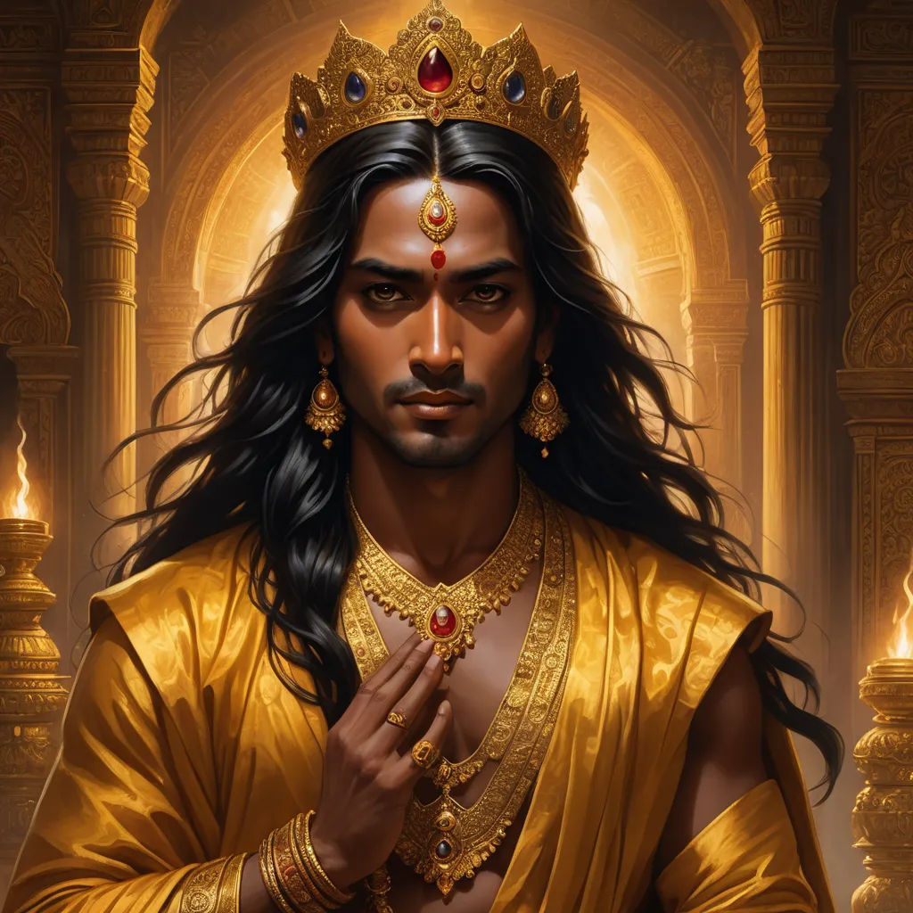 a painting of a man in a golden outfit with a crown on his head and a gold necklace around his neck, samikshavad, a detailed painting, Bastien L. Deharme, highly detailed digital painting