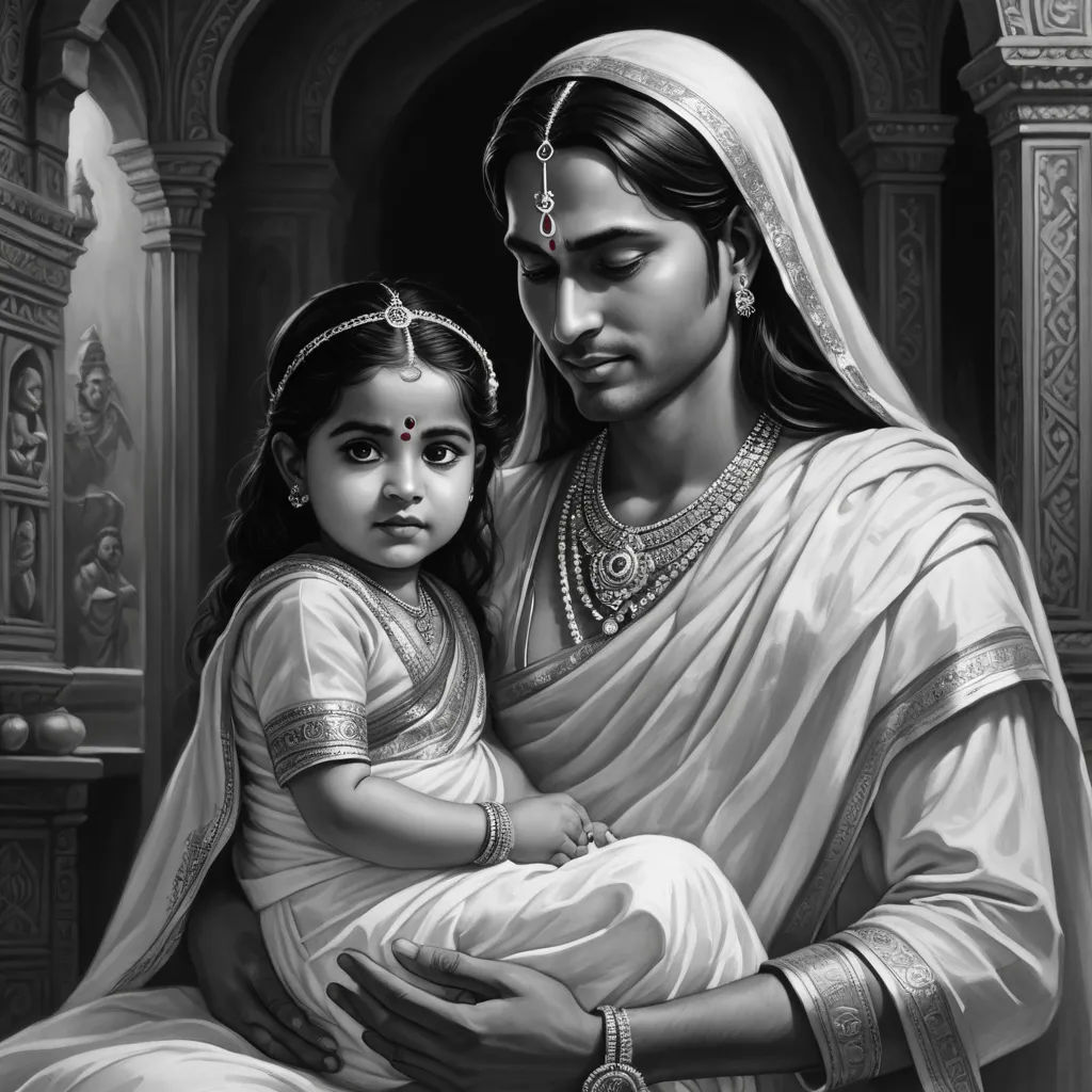 a painting of a man holding a child in his arms and a woman holding a child in her lap, samikshavad, an ultrafine detailed painting, Bholekar Srihari, classical painting