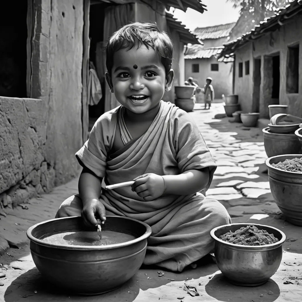 a little boy sitting on the ground with a bowl of food in front of him and bowls of rice in the background, art photography, a black and white photo, Anthony Devas, award - winning photography
