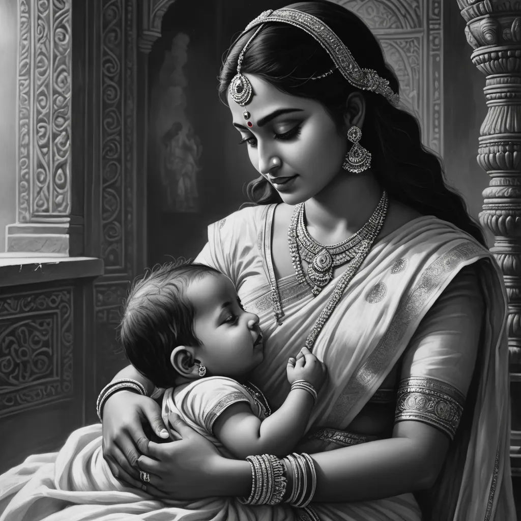 a woman holding a baby in her arms in a black and white photo with a light shining on her, samikshavad, an ultrafine detailed painting, Ella Guru, highly detailed digital painting
