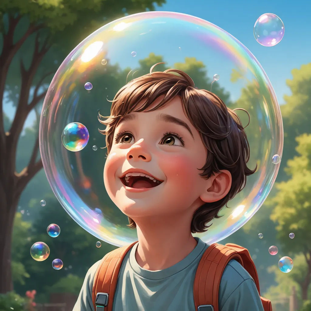 a boy with a backpack and a backpack on his back is smiling and bubbles are in the air above him, photorealism, a storybook illustration, Aaron Jasinski, cgstudio