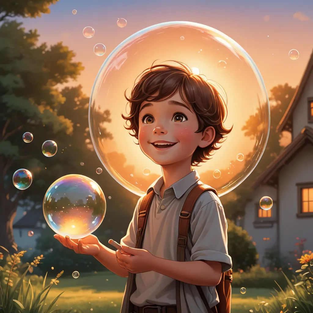a boy holding a bubble in his hand and a house in the background with trees and grass in the foreground, fantasy art, a storybook illustration, Aaron Jasinski, rossdraws global illumination