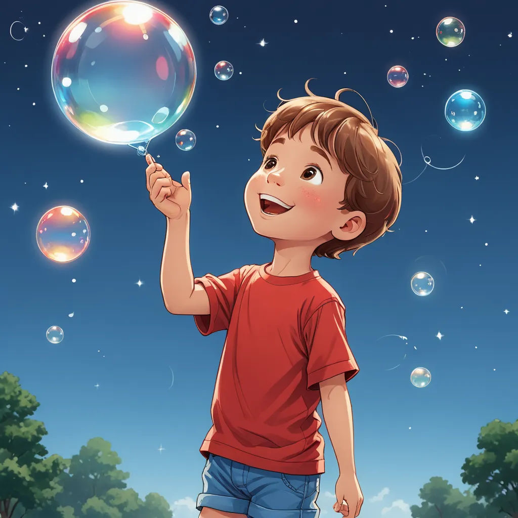 a boy is playing with bubbles in the park at night time, illustration painting, digital painting, digital art, fantasy art, a storybook illustration, Cyril Rolando, storybook illustration