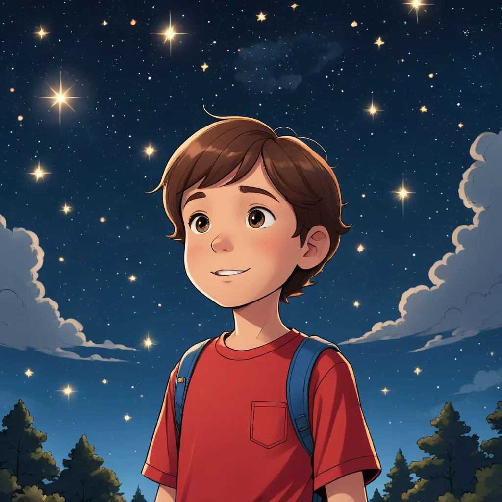 a boy with a backpack standing in front of a night sky with stars and clouds above him, looking at the camera, space art, a storybook illustration, Diego Gisbert Llorens, stars