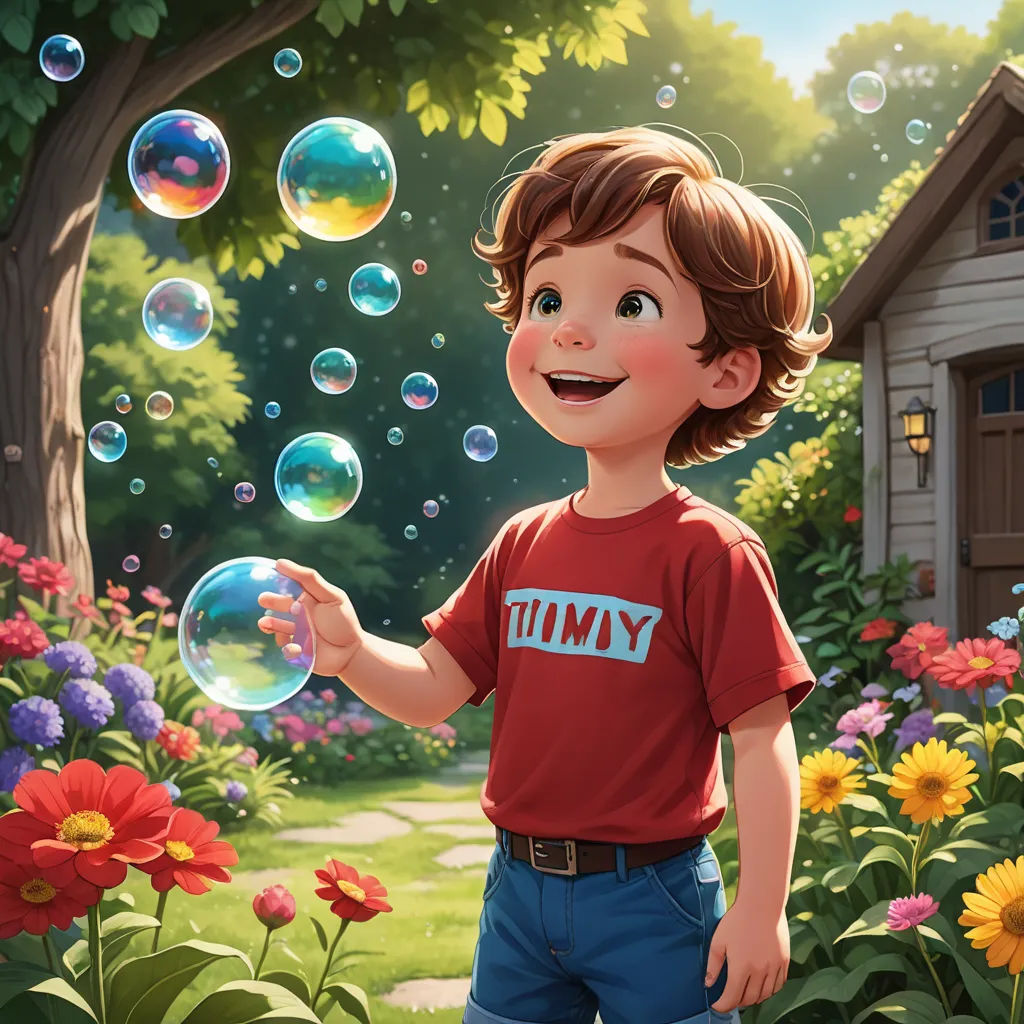 a boy in a red shirt is blowing bubbles in a garden with flowers and a house in the background, american scene painting, a storybook illustration, Chris LaBrooy, rossdraws global illumination
