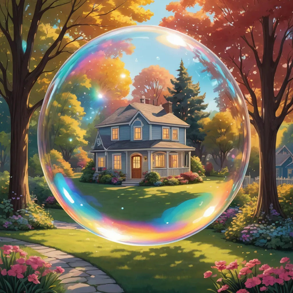 a bubble is floating in front of a house and trees with a rainbow in the background and a house in the background, american scene painting, an oil painting, Evgeny Lushpin, official art
