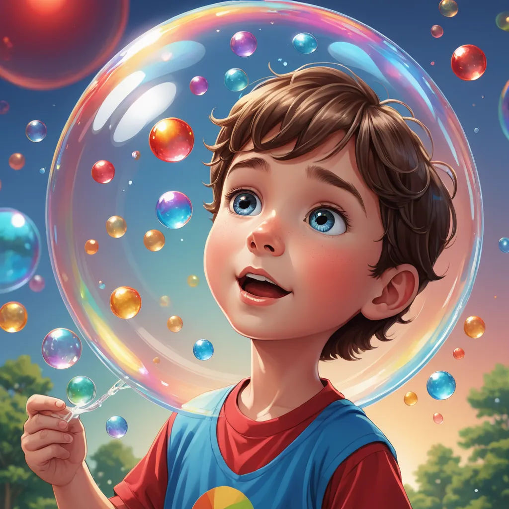 a boy blowing bubbles with a blue shirt on and a red shirt on and a blue shirt on and a red shirt on, fantasy art, a storybook illustration, Aaron Jasinski, highly detailed digital painting