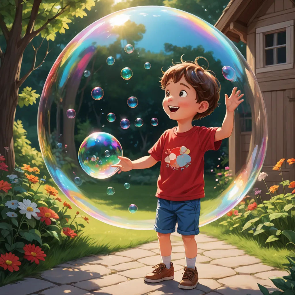 a boy is standing outside in front of a bubble filled house and a tree with flowers and a house in the background, american scene painting, a storybook illustration, Aaron Jasinski, official art
