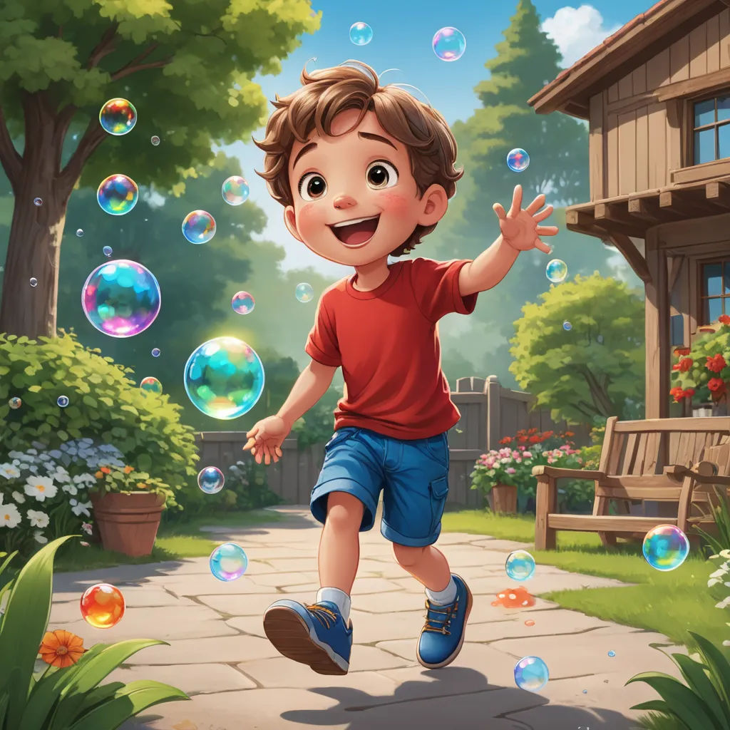 a boy running through a park with bubbles in the air and a house in the background with a bench and a tree, sots art, a storybook illustration, Chris LaBrooy, official art