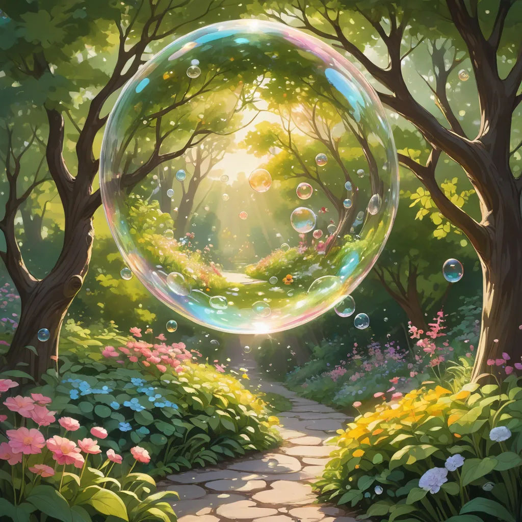 a painting of a path through a forest with bubbles floating in the air above it and a path leading to a forest with flowers and trees, fantasy art, a storybook illustration, Cyril Rolando, magical atmosphere