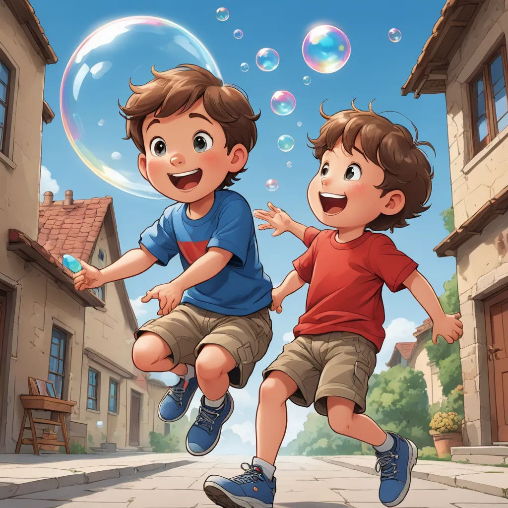 two young boys are playing with bubbles in the street of a small town on a sunny day with houses and a blue sky, lyco art, a storybook illustration, Brothers Hildebrandt, rossdraws global illumination