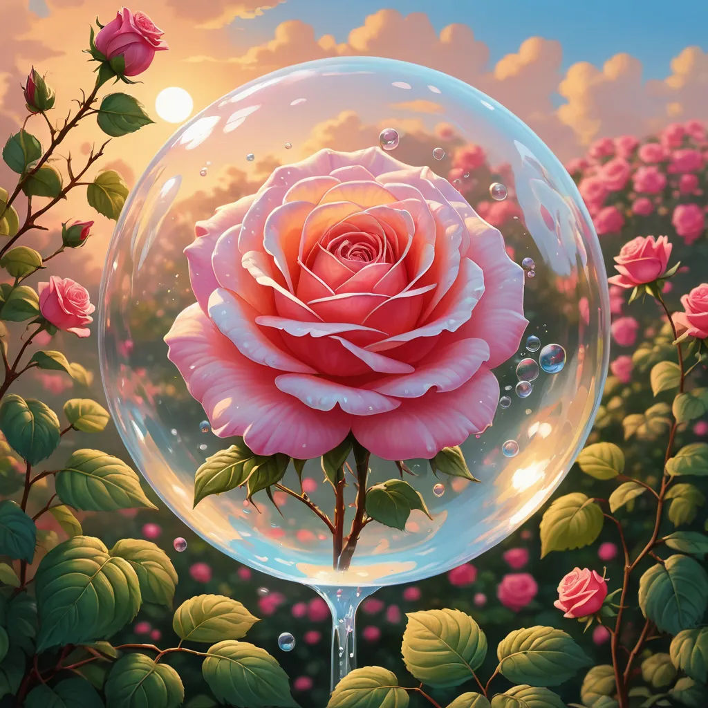 a painting of a rose in a bubble with bubbles floating around it and a pink flower in the middle, fantasy art, an airbrush painting, Anne Stokes, highly detailed digital painting