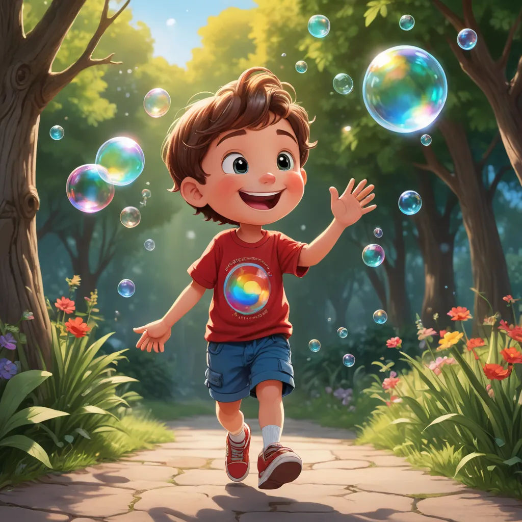 a boy running through a park with bubbles in the air and trees and flowers around him, in front of a forest with lots of flowers and trees, fantasy art, a storybook illustration, Alejandro Burdisio, splash art