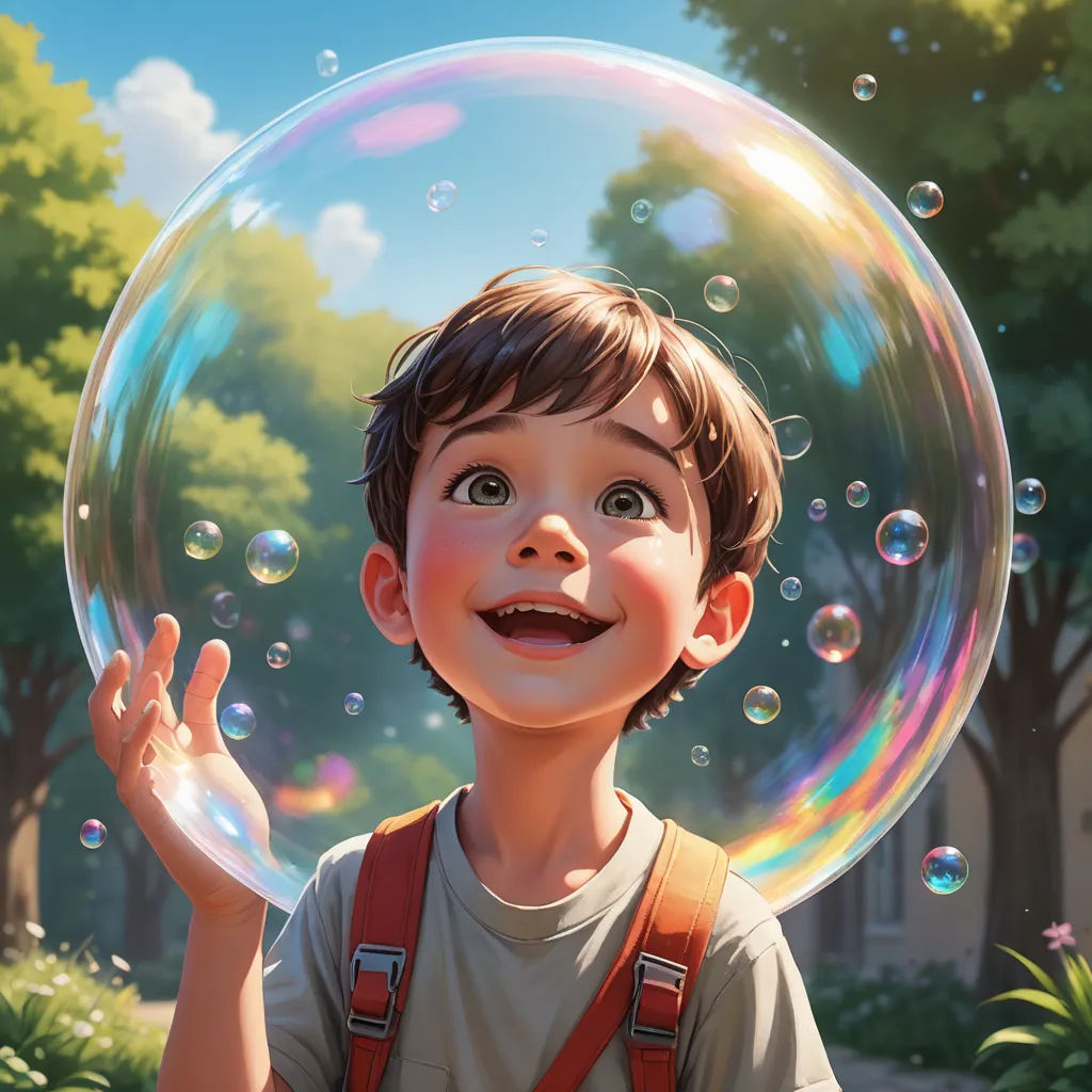 a boy is holding a bubble in his hand and smiling at the camera while standing in front of a tree, photorealism, poster art, Alejandro Burdisio, cgstudio